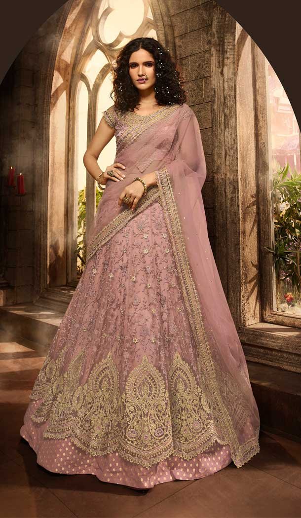 Rose Gold Color Net Sangeet Mehendi Ceremony Wear Lehenga Choli -670284212