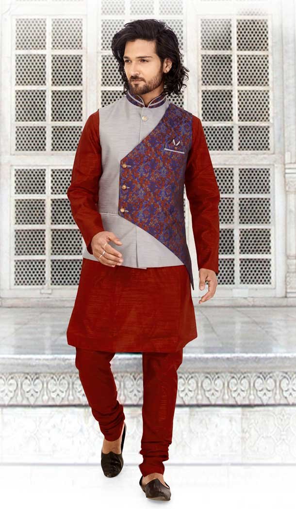 Maroon Color Silk Readymade Fastive Wear Kurta Pyjama with Jacket -673484640