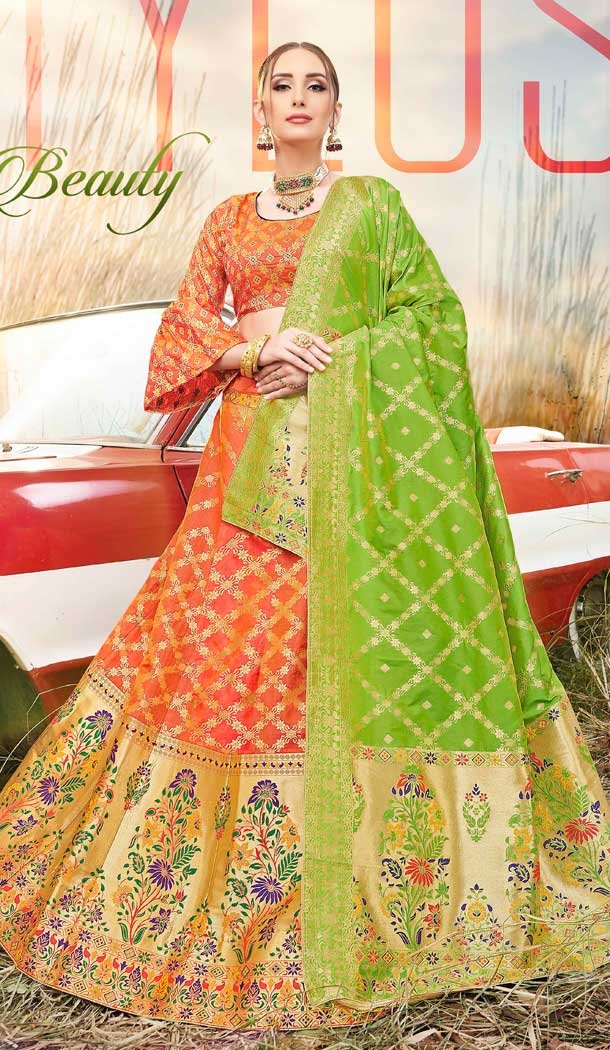 Orange Color Banarasi Silk Jacquard Traditional Wear Lehenga Choli -674384736