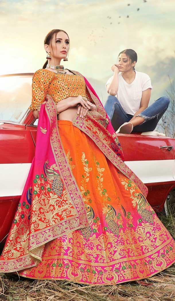 Fancy Orange Color Banarasi Silk Jacquard Traditional Wear Lehenga Choli -674384741