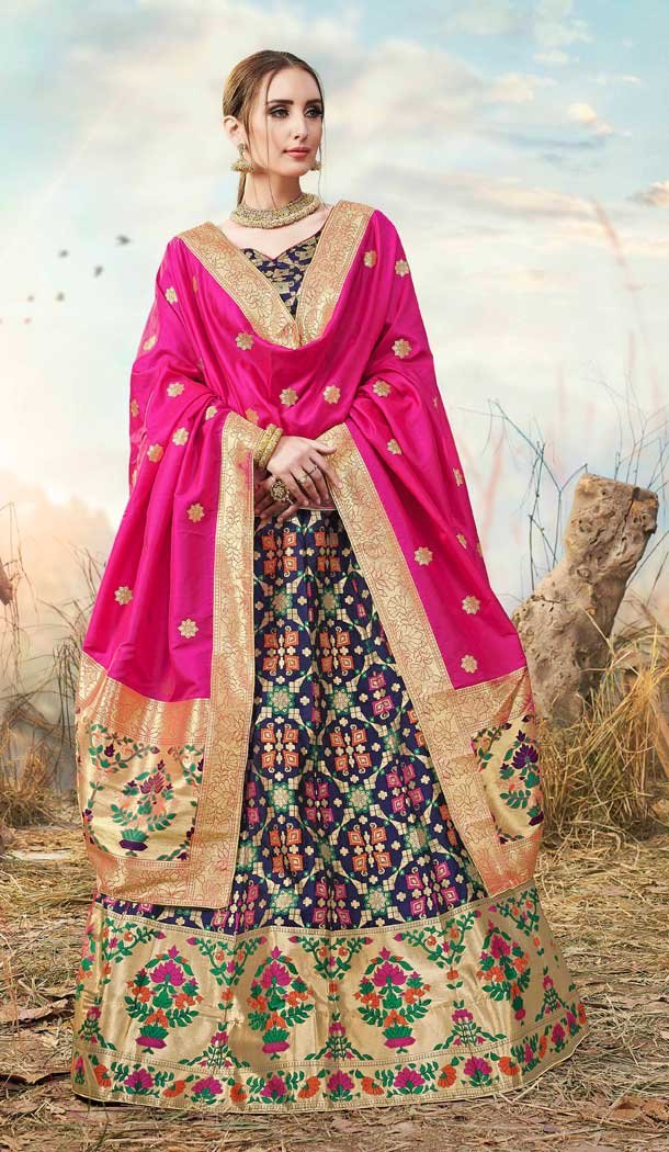 Elegant Navy Blue Color Banarasi Silk Jacquard Traditional Wear Lehenga Choli -674384742