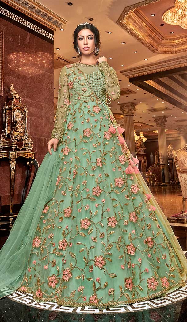 Designer Long Pakistani Salwar Kameez In Light Green Color Net -71211631