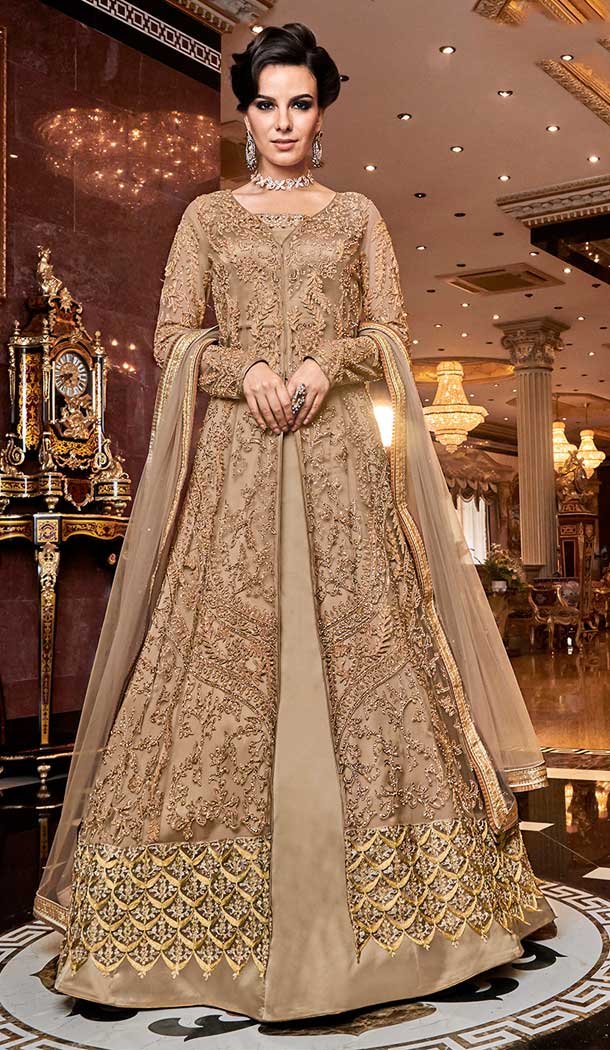 Charming Designer Long Pakistani Salwar Kameez In Beige Color Net Charming Designer Long Pakistani Salwar Kameez In Beige Color Net