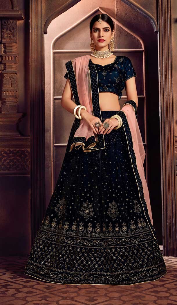 Navy Blue Color Velvet Heavy Designer Embroidery Women Lehenga Choli -677284970