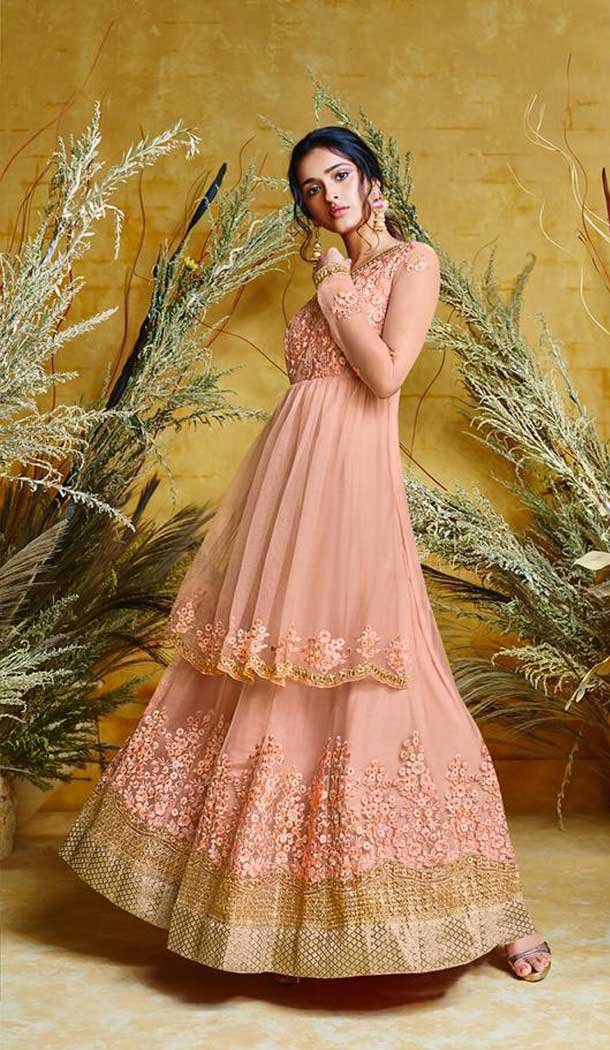 Luscious Light Orange Color Heavy Net Designer Long Anarkali Salwar Kameez -486367081