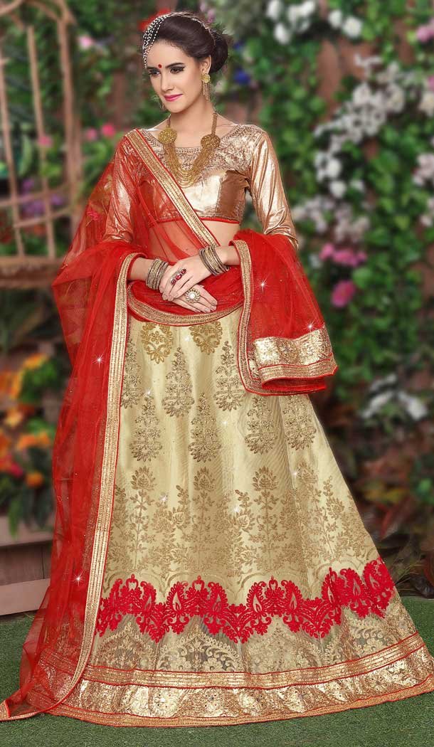 Red Cream Color Satin Embroidery Traditional Women Lehenga Choli -487267142