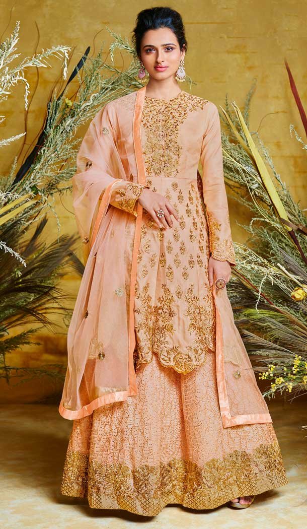 Tantalizing Peach Color Heavy Net With Pure Silk Designer Salwar Kameez -684785676