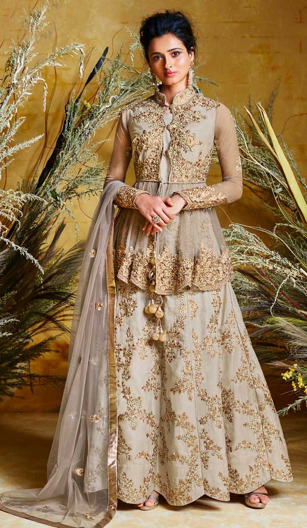 Pretty Tan Color Heavy Net With Pure Silk Designer Salwar Kameez -684785680