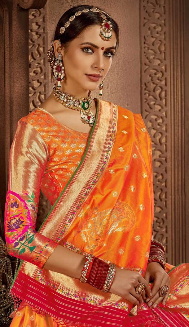 Ethnic Orange Color Banarasi Silk Designer Wedding Lehenga Choli -686085796