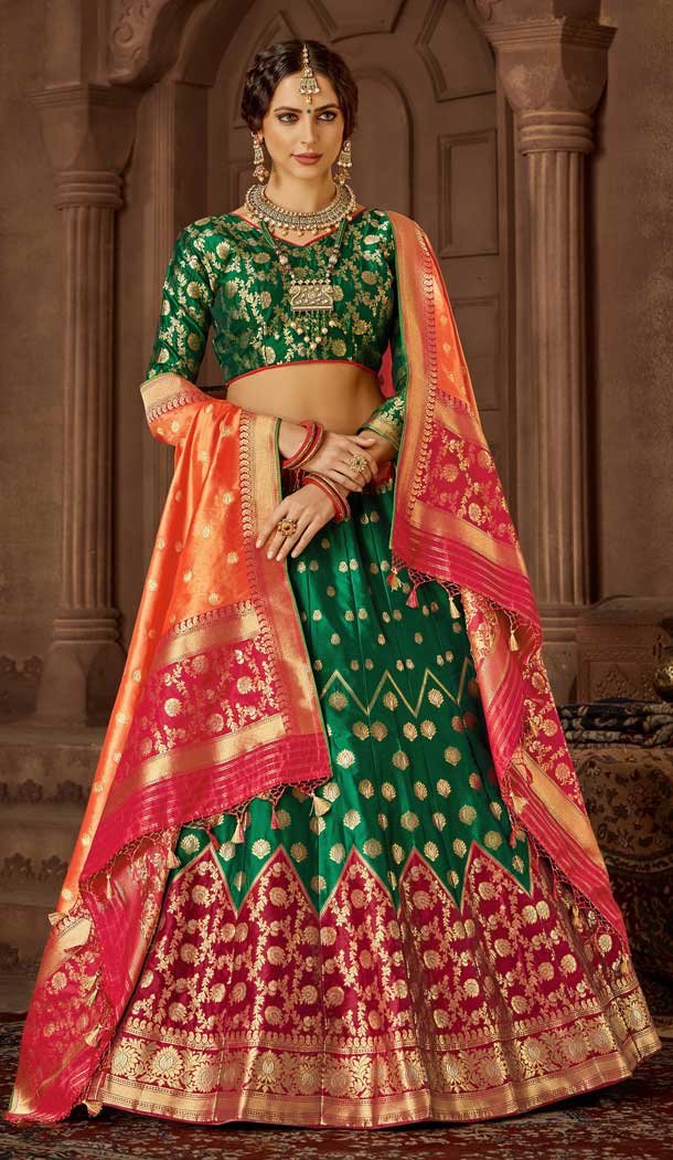 Green Maroon Color Banarasi Silk Designer Wedding Lehenga Choli -686085799