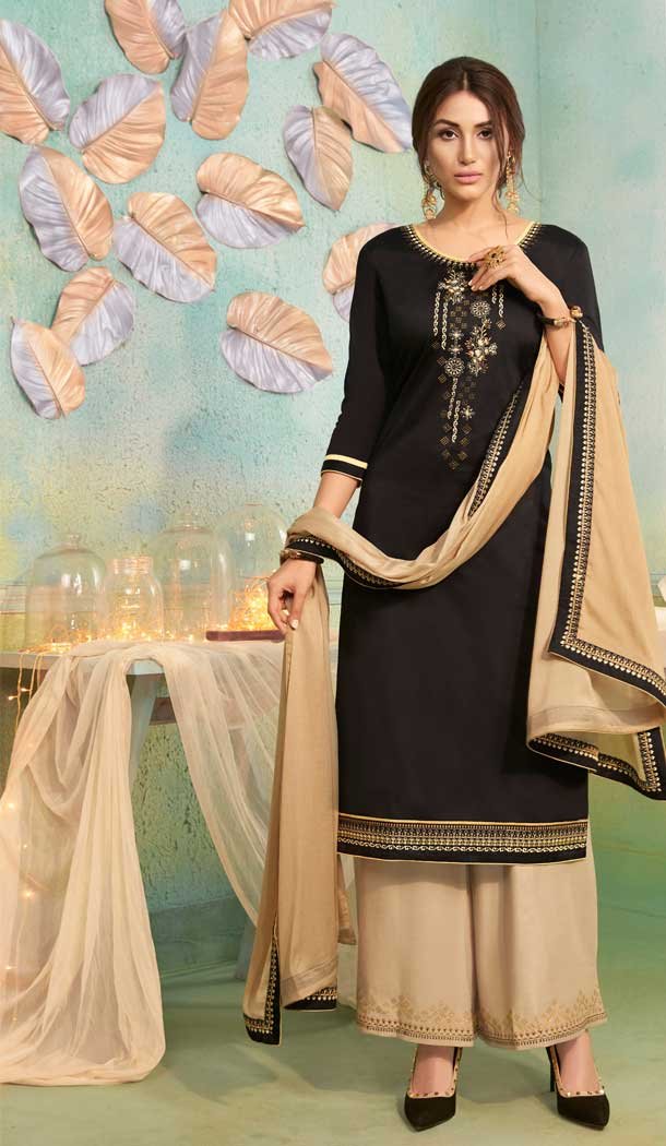 Flamboyant Black Color Jam Silk Cotton Casual Party Wear Palazzo Suit -687585921