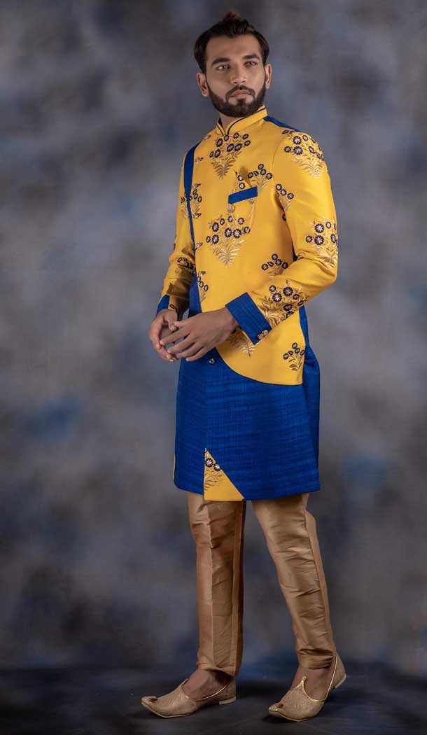Yellow Blue Color Jacquard Readymade Designer Indo Western Men Sherwani -630578537
