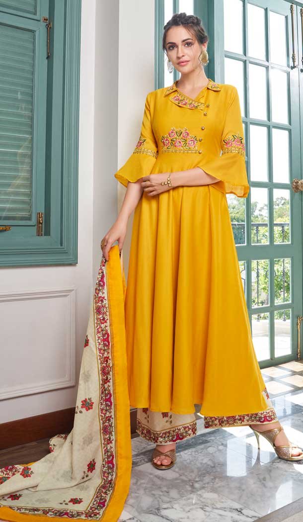 Luscious Yellow Color Maslin Party Wear Readymade Palazzo Suit -689786192