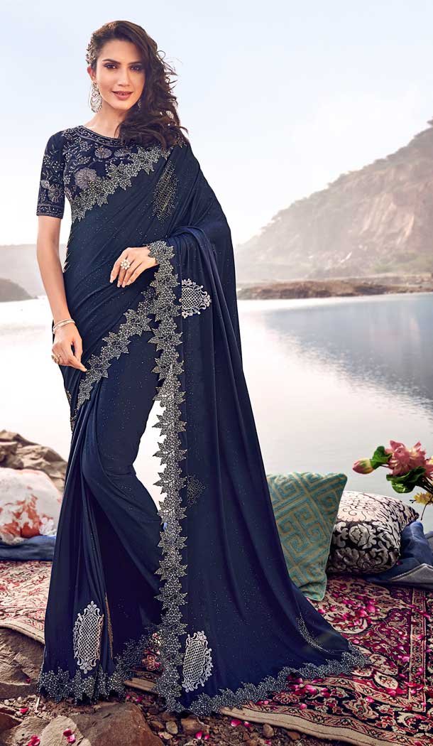 Navy Blue Color Korean Designer Wedding Wear Saree Blouse -695786745