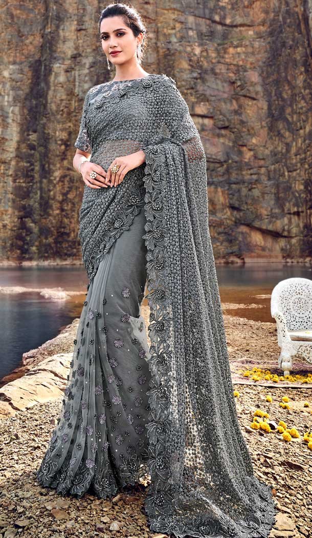 Grey Color Digital Net Designer Wedding Wear Saree Blouse -695786757