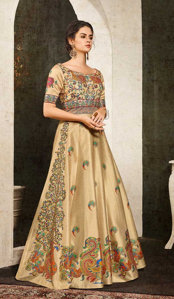 Cream Color Soft Silk Designer Mehendi Sangeet Wear Lehenga Choli -72282572