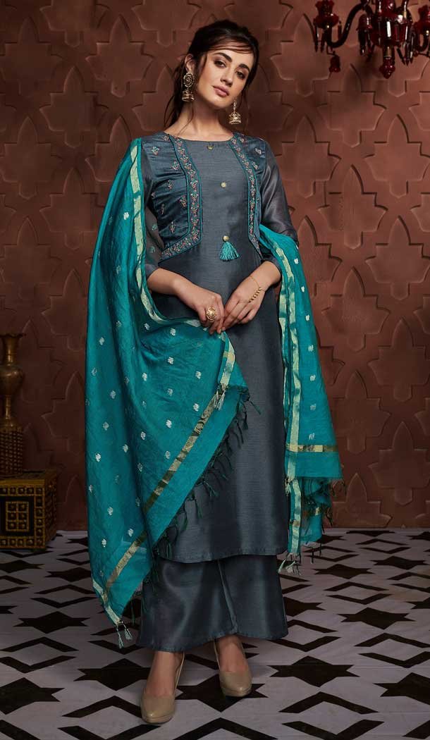 Captivating Navy Blue Color Soft Silk Evening Party Wear Palazzo Salwar Suit -72622842