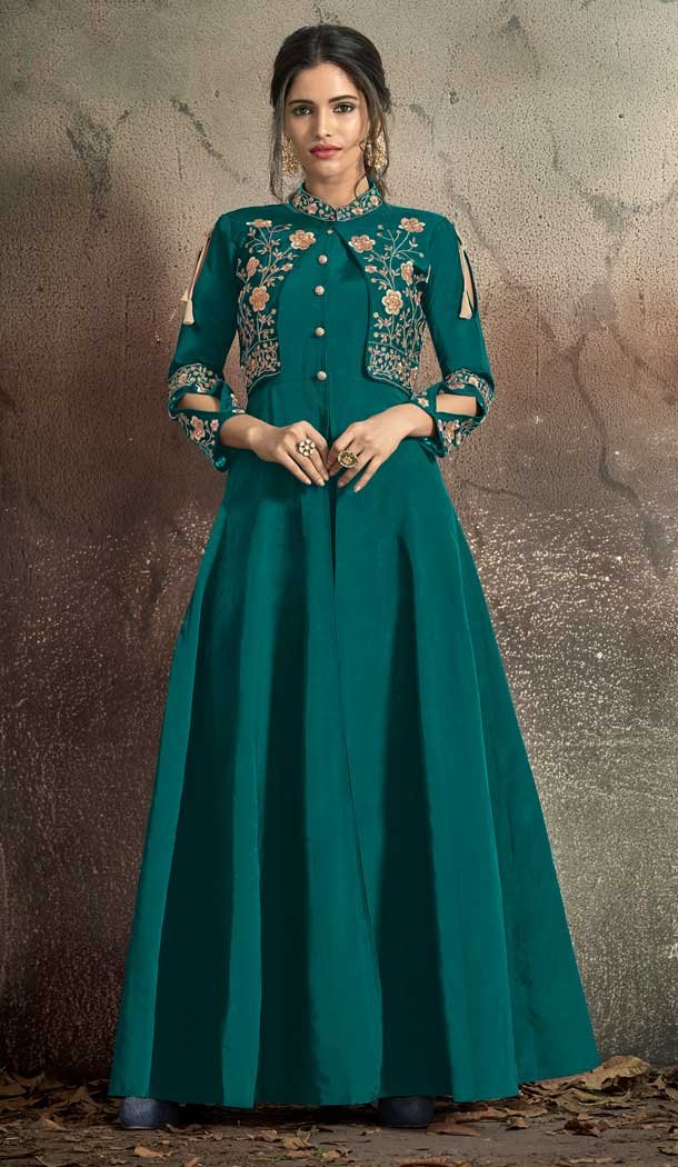 Tantalizing Teal Blue Color Tafeta Art Silk Party Wear Ready Made Gown -72672878