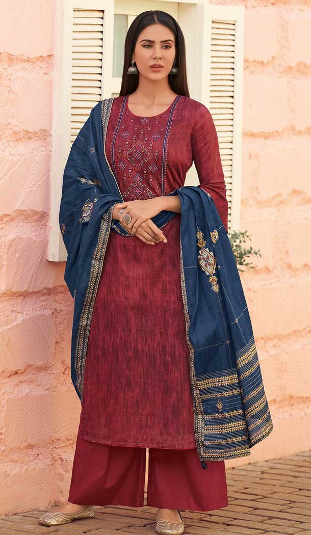 Maroon Color Pure Jam Cotton Casual Wear Palazzo Suit -697587079