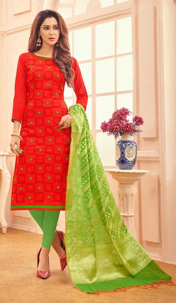 Red Color Glace Cotton Salwar Kameez With Banarasi Silk Dupatta -698287163