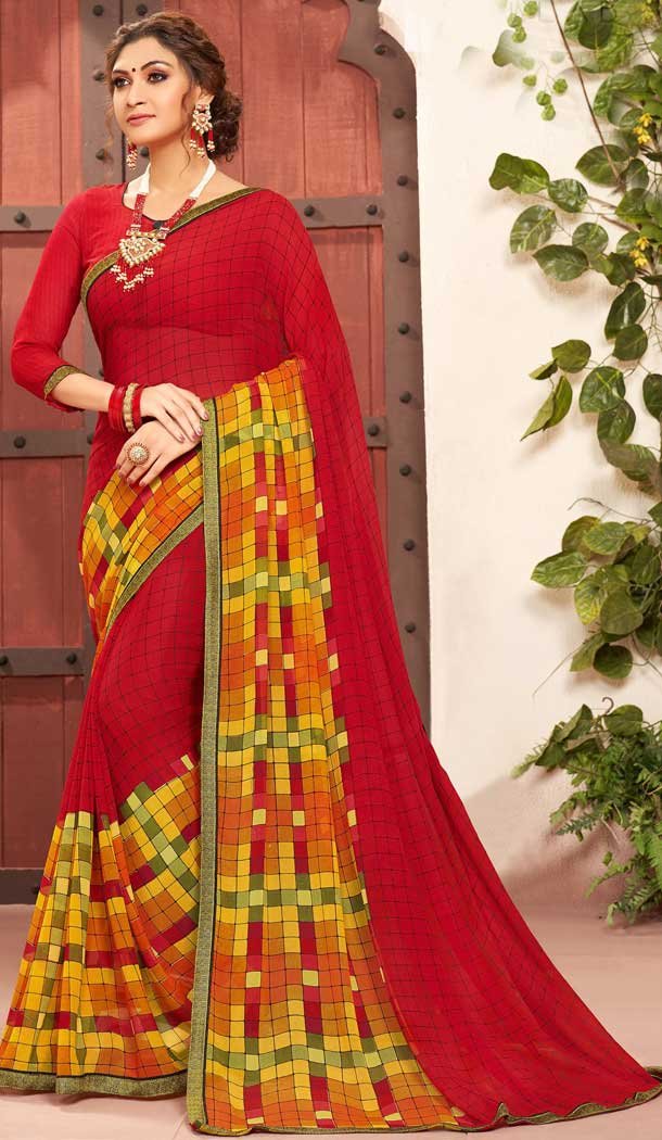 red colour color georgette printed saree red colour color georgette printed saree