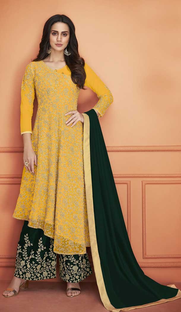 Musterd Color Net Embroidery Pakistani Party Wear Palazzo Suit -704287682