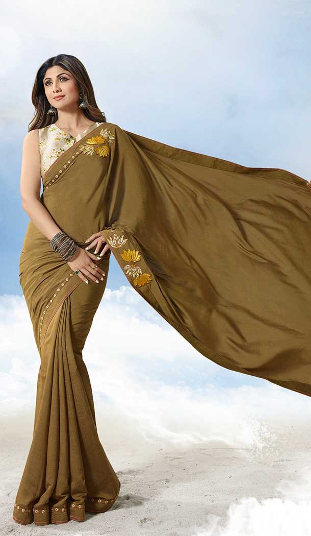 Copper Gold Color Satin Silk Bollywood Celebrity Shilpa Shetty Saree -704687716