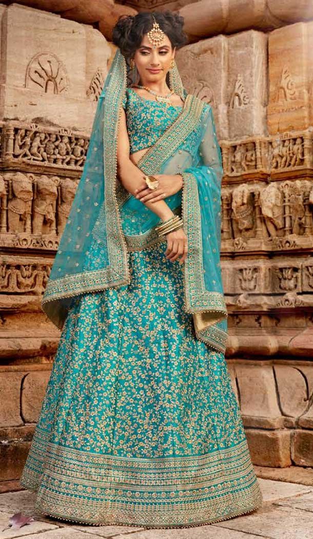 Sky Blue Color Satin Silk Designer Bridal Wedding Lehenga Choli -705887823