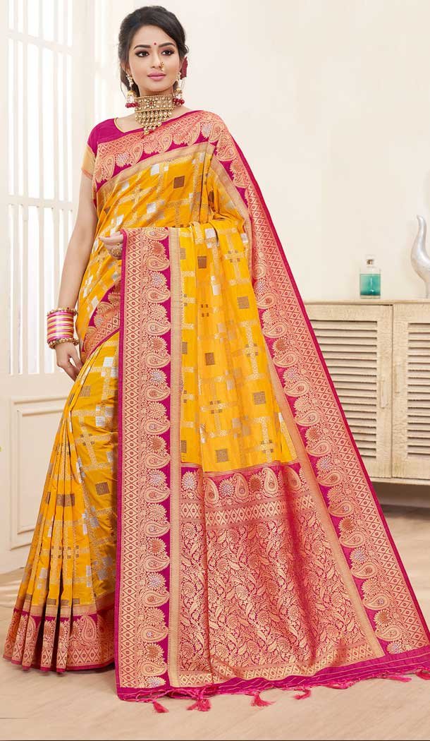 Gleaming Yellow Color Pure DolaLinen Silk Traditional Wear Saree -706487899