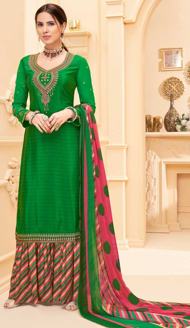 Green Color Pure French Crep Casual Party Wear Sharara Suit -707687988
