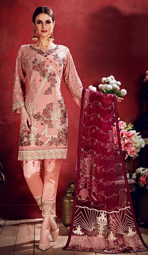Gleaming Peach Color Georgette Pakistani Style Party Salwar Kameez -708888111