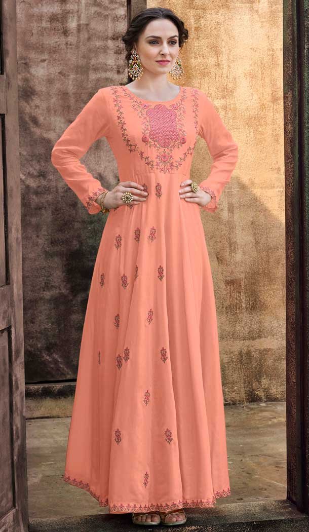 Alluring Peach Color Heavy Rayon Gold Designer Readymade Party Gown -709188124