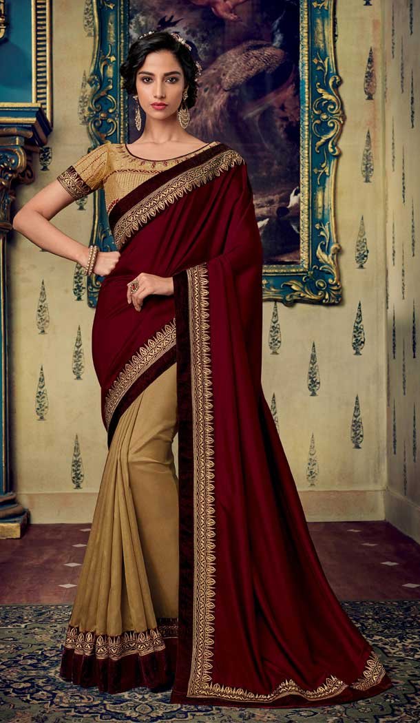 Maroon Gold Color Art Silk Designer Party Wear Saree Blouse -711188336