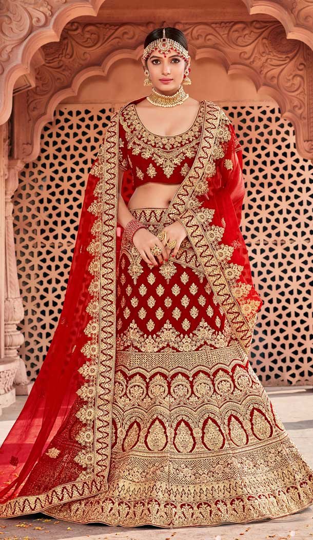Red Color Velvet Bridal Designer Wedding Lehenga Choli -711688393