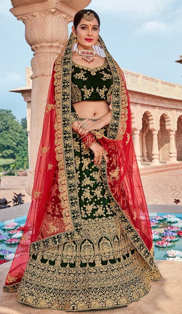 Green Color Velvet Bridal Designer Wedding Lehenga Choli -711688394