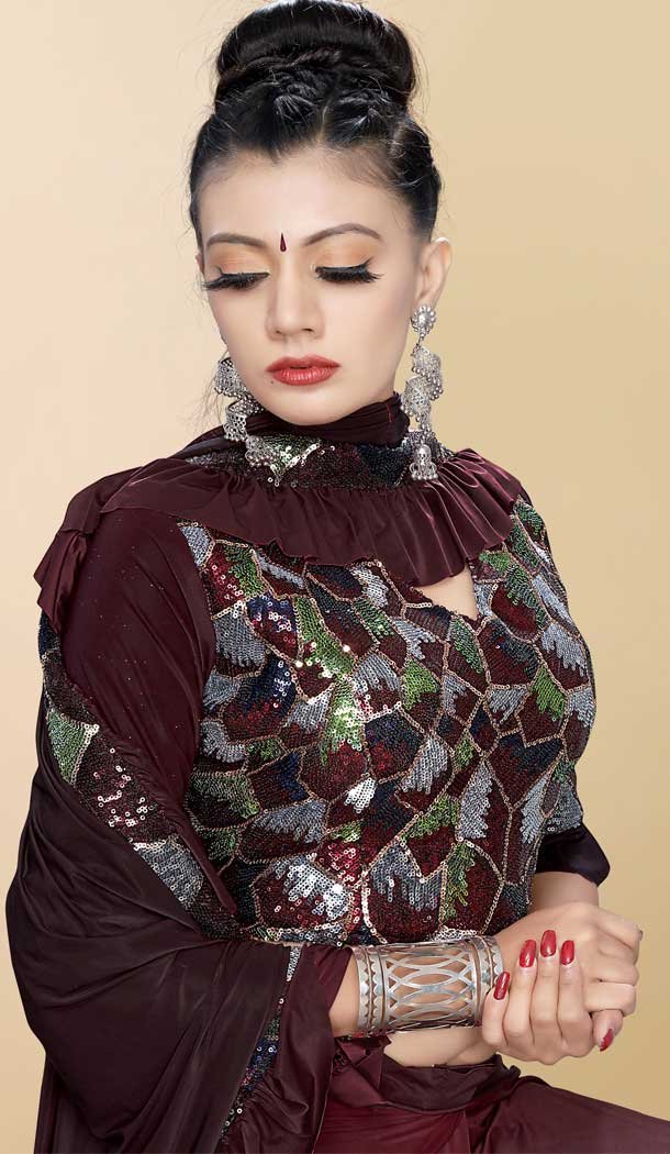 Maroon Color Lycra Designer Lehenga Style Party Wear Saree Blouse -712188446
