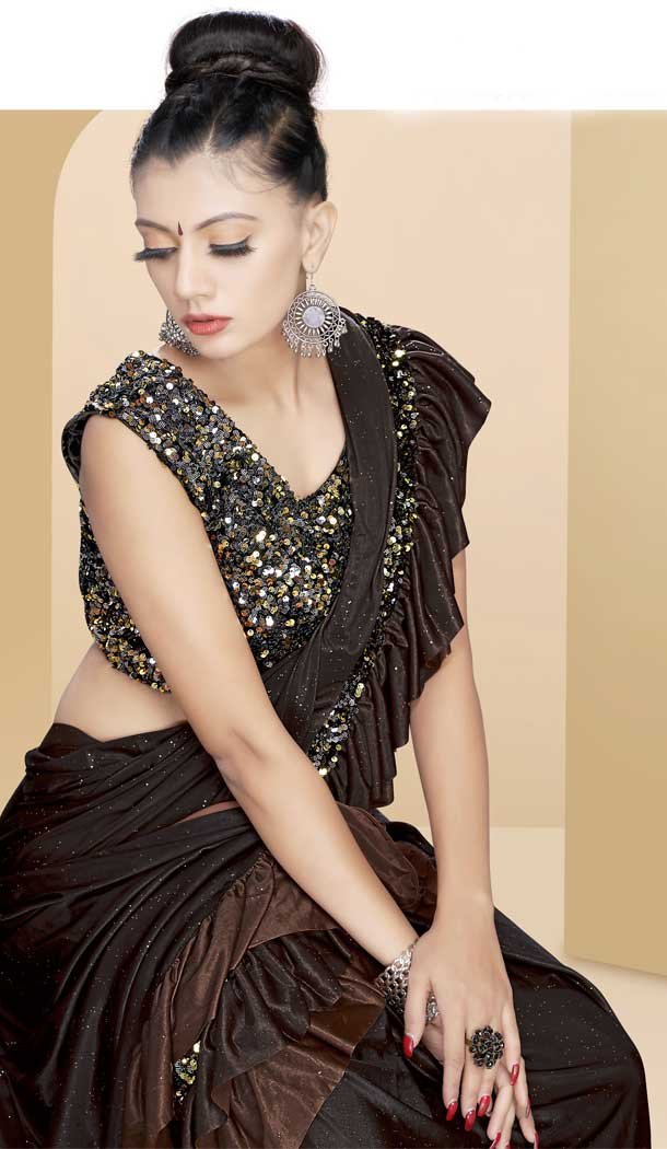Elegant Coffee Color Lycra Designer Lehenga Style Party Wear Saree Blouse -712188449