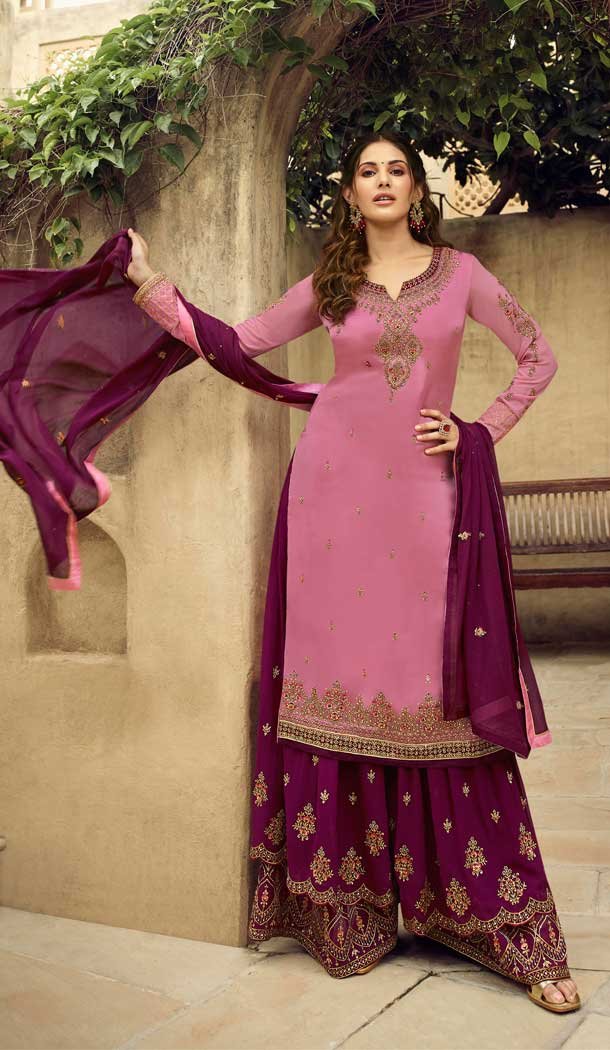 Rose Pink Color Satin Georgette Party Wear Sharara Salwar Kameez -712788530