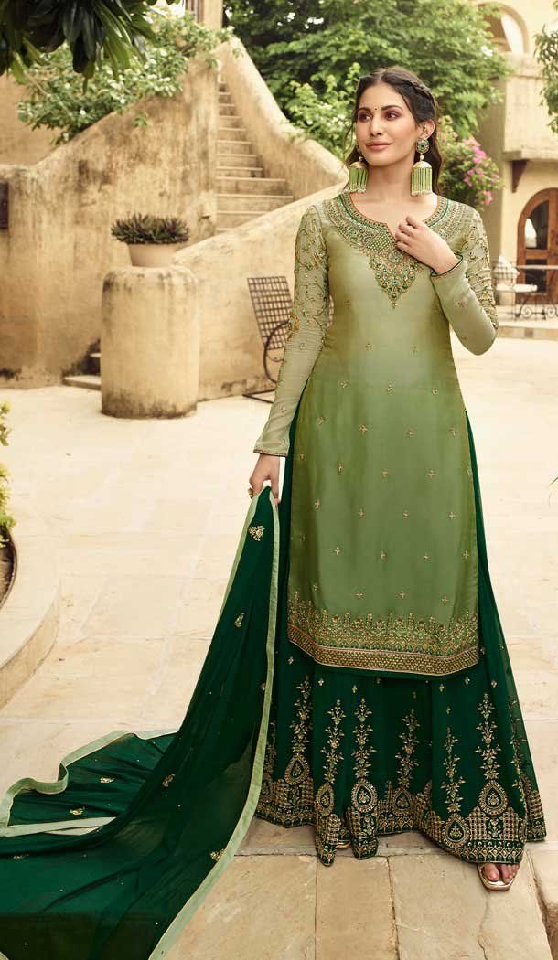 Sheded Green Color Satin Georgette Party Wear Sharara Salwar Kameez -712788531