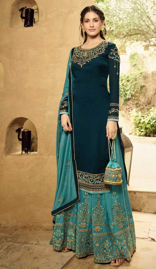 Exotic Teal Blue Color Satin Georgette Party Wear Sharara Salwar Kameez -712788535