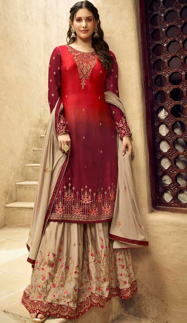 Red Maroon Color Satin Georgette Party Wear Sharara Salwar Kameez -712788536