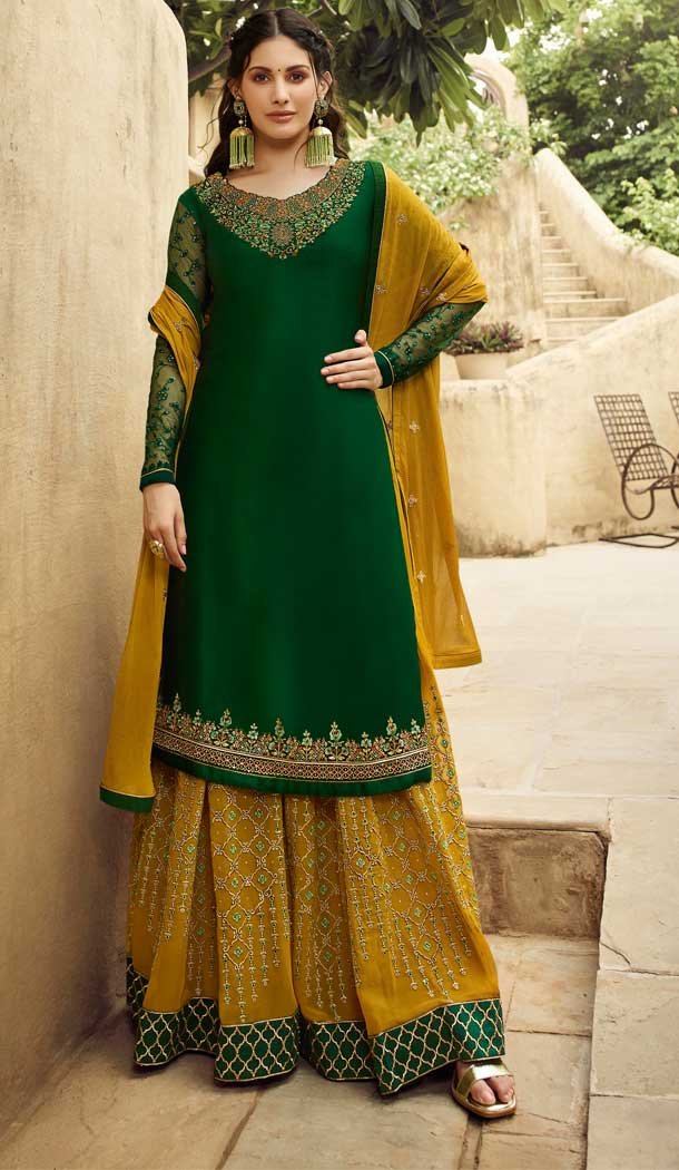 Green Color Satin Georgette Party Wear Sharara Salwar Kameez -712788537