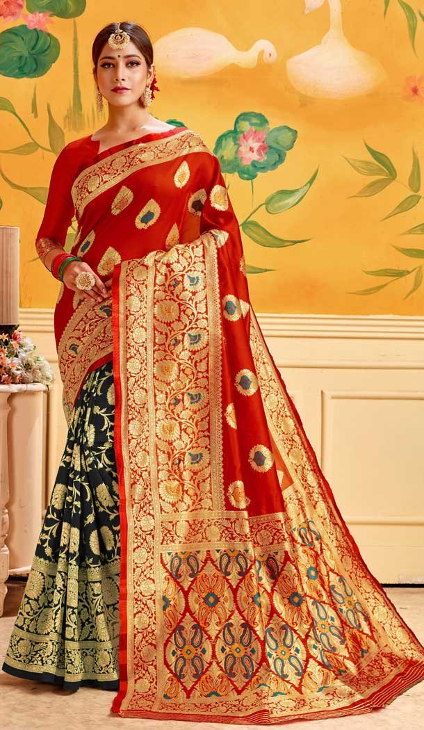 Red And Black Color Lichi Cotton Print Work Traditional Saree -712488476