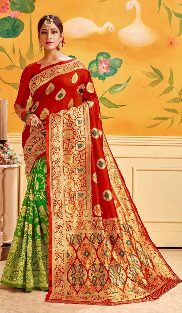 Red And Green Color Lichi Cotton Print Work Traditional Saree -712488478