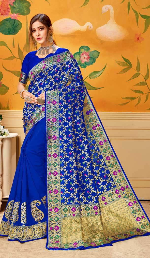 Unique Royal Blue Color Lichi Cotton Print Work Traditional Saree -712488483