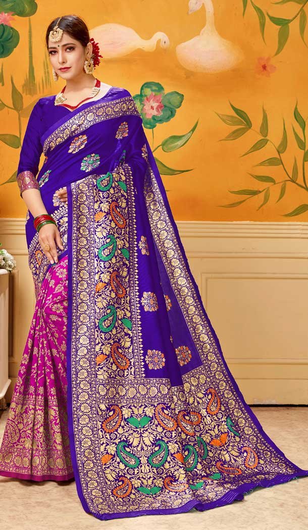 Blue And Pink Color Lichi Cotton Print Work Traditional Saree -712488504