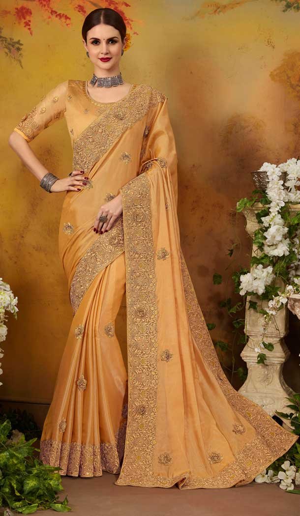 Adorable Gold Color Two Tone Silk Party Wear Saree Blouse -717088998