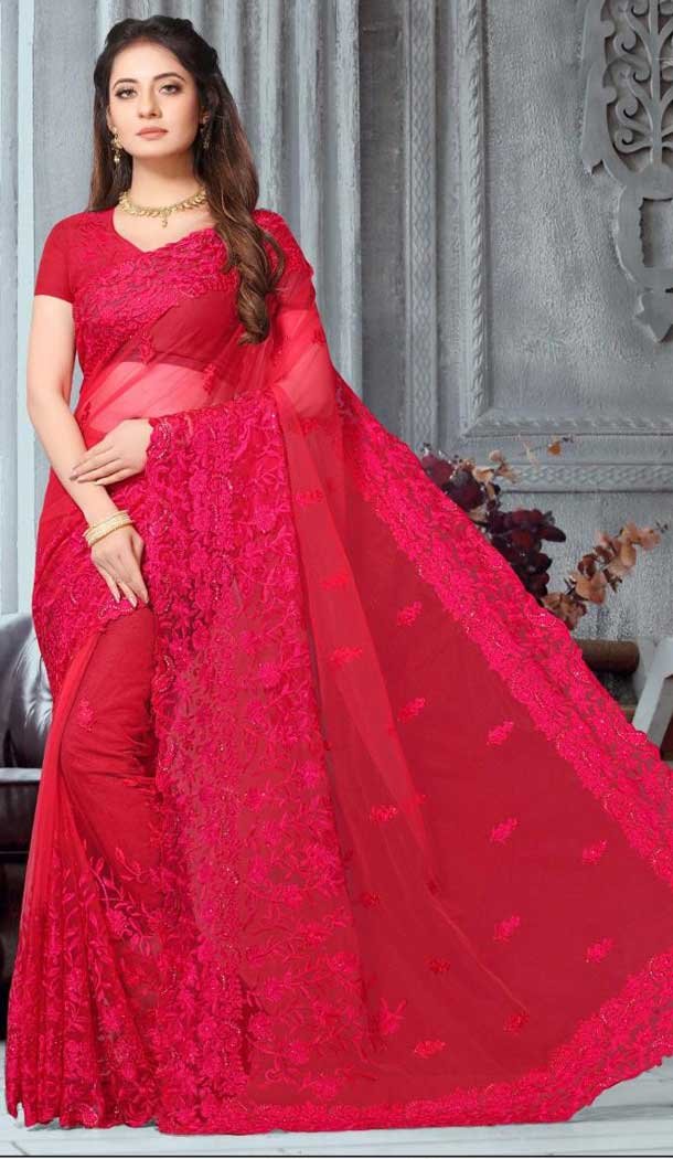 Rose Pink Color Net Designer Party Wear Plus Size Saree -718889130