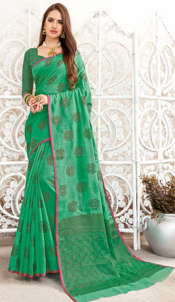 Sea Green Color Fancy Linen Resham Party Wear Saree Blouse -717989057