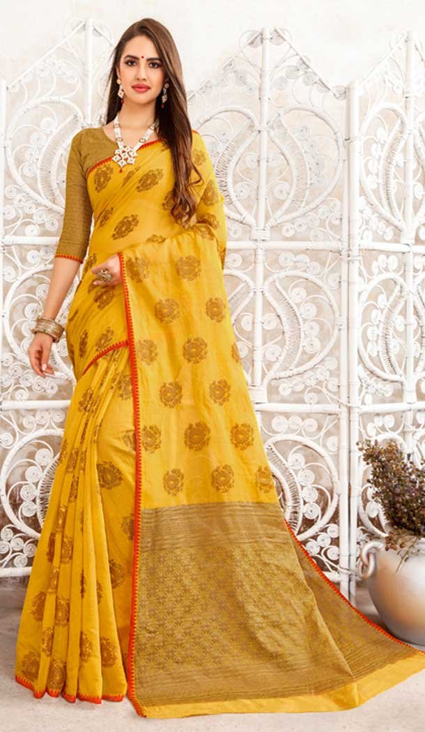 Chic Yellow Color Fancy Linen Resham Party Wear Saree Blouse -717989059